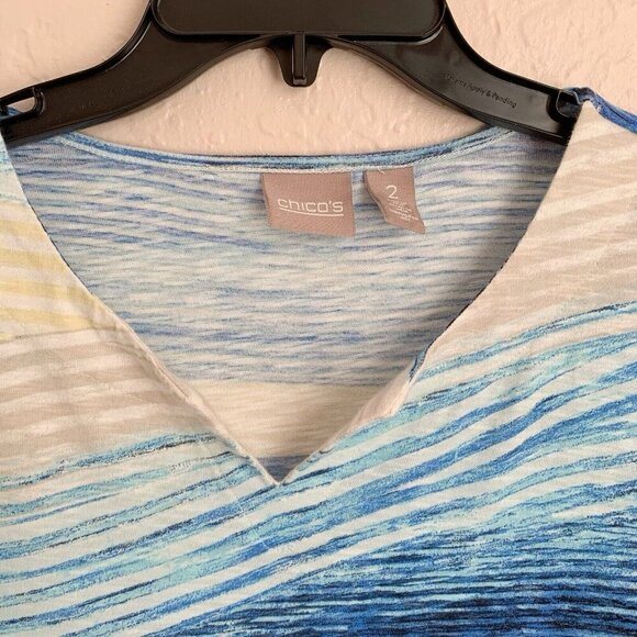 Chico’s Top Womens Large Blue White Watercolor Asymmetrical Abstract Stripe - Picture 4 of 8